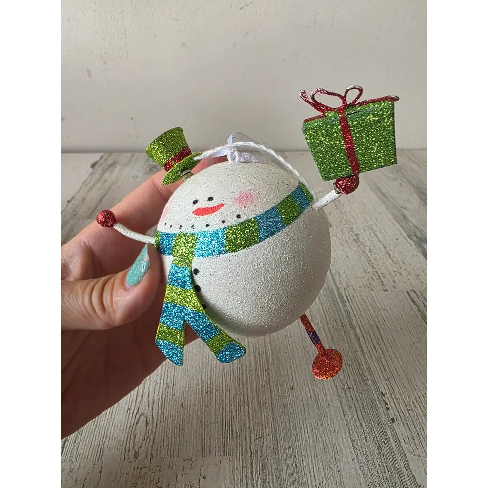Vintage Pier 1 glitter snowman presents ornament top hat green Xmas